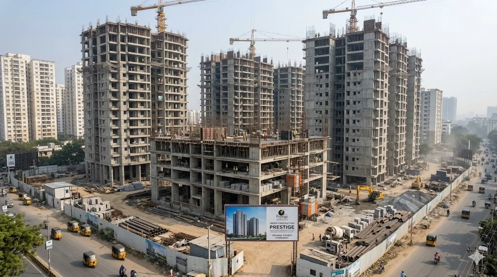 Ongoing construction work at a premium upcoming Prestige Group residential project site in Hyderabad.